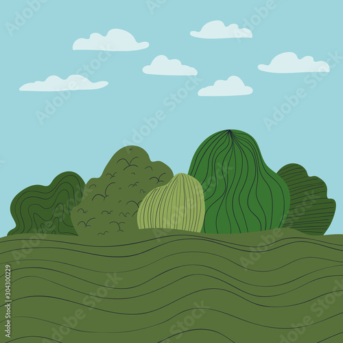 Nature shrubs and clouds vector design