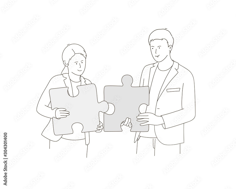 People with puzzles. Line drawing vector illustration.