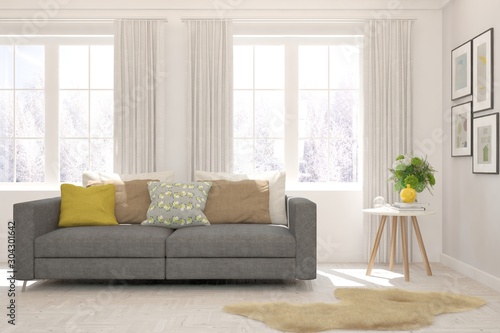 Stylish room in white color with sofa and winter landscape in window. Scandinavian interior design. 3D illustration