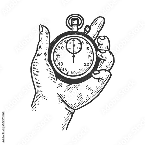 Stopwatch in hand sketch engraving vector illustration. T-shirt apparel print design. Scratch board style imitation. Black and white hand drawn image.