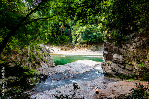 Katsura River and valley landscape. Arashiyama, Nishikyo-ku, Kyoto-shi, Kyoto	 photo