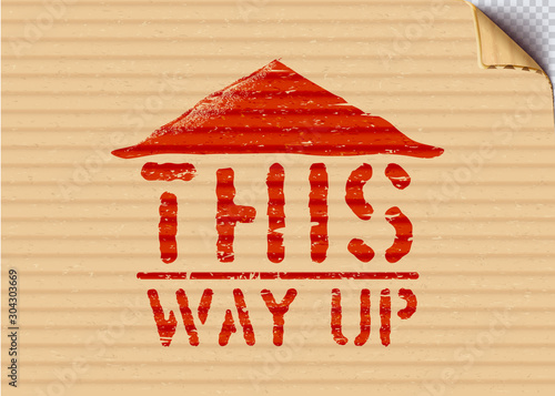 Grunge This way up cargo box sign with arrows on cardboard paper background for logistics. Pictogram shows top. Vector Grunge illustration