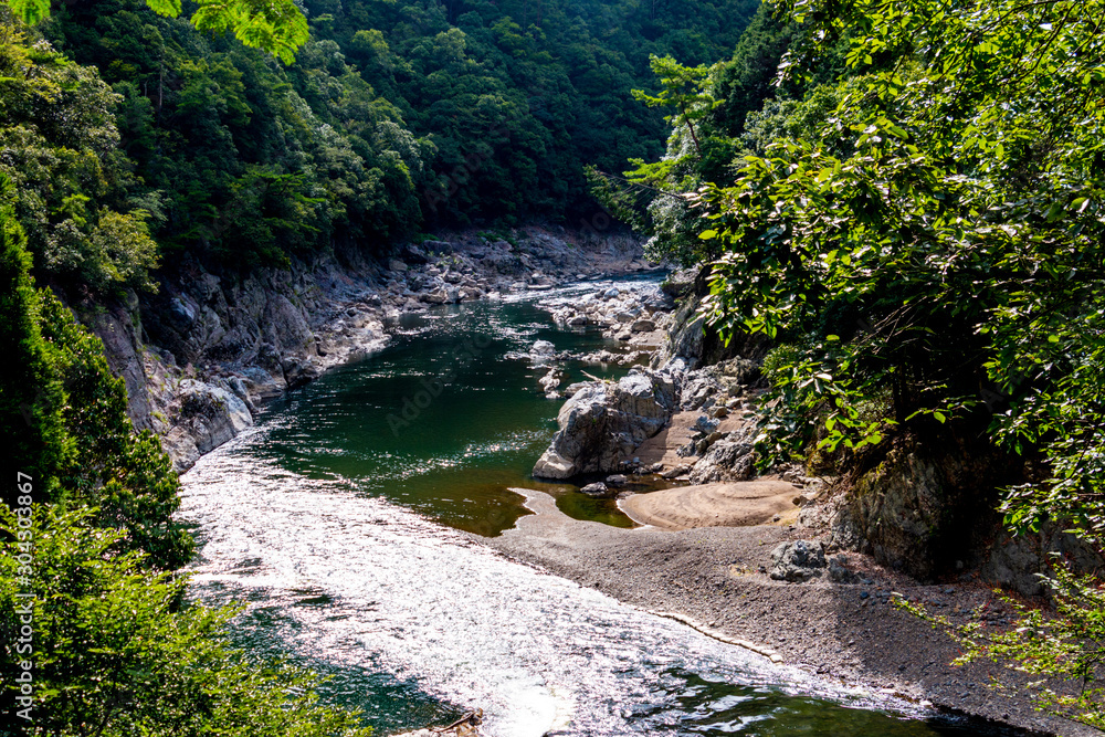 Katsura River and valley landscape. Arashiyama, Nishikyo-ku, Kyoto-shi, Kyoto	