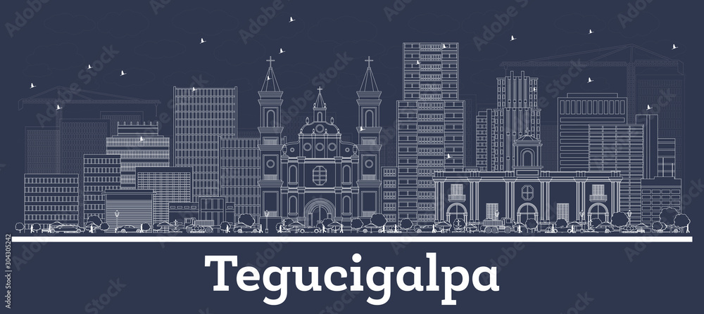 Outline Tegucigalpa Honduras City Skyline with White Buildings.
