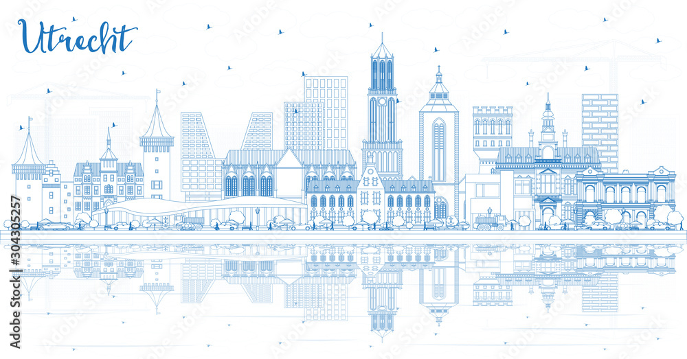 Outline Utrecht Netherlands City Skyline with Blue Buildings and Reflections.