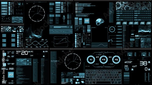 light blue Futuristic interface/Digital screen.Detailed abstract background with blinking and switching indicators and statuses showing work of command center, processing big data, machine deep learni