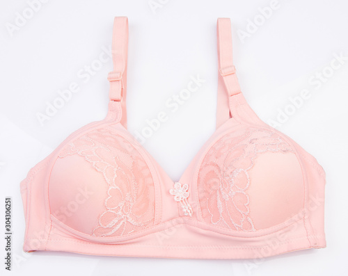 bra or pink colour bra on white background.