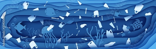 Ocean plastic pollution horizontal banner. Paper cut butterflyfish, jellyfish, moonfish, turtle around garbage. Paper vector panorama underwater cave with fishes coral reef seabed rubbish in waves
