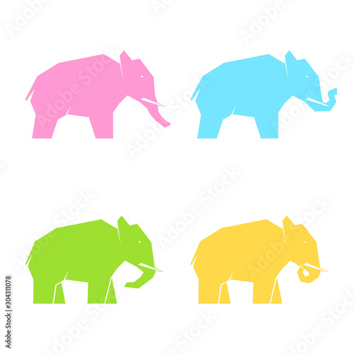 Set of multi-colored elephants in different poses, vector illustration
