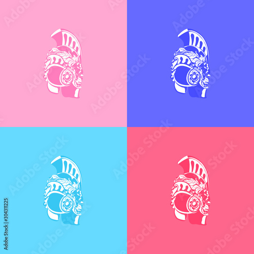 Set of silhouette antiques Roman or Greek or German helmet for head protection soldiers with a crest and wreath of leaves on colorful background, retro pop art concept, vector illustration