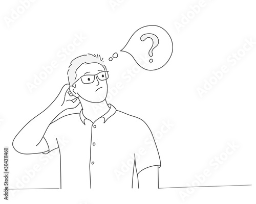 Man is thinking. Question mark. Line drawing vector illustration.