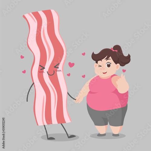 Fat woman love bacon,Ketogenic Diet weight loss Healthcare concept cartoon.