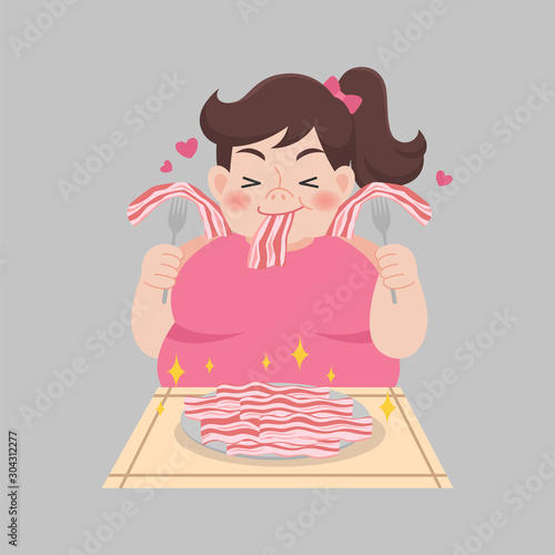 Fat woman love bacon enjoy eating Ketogenic Diet foods weight loss Healthcare concept cartoon.