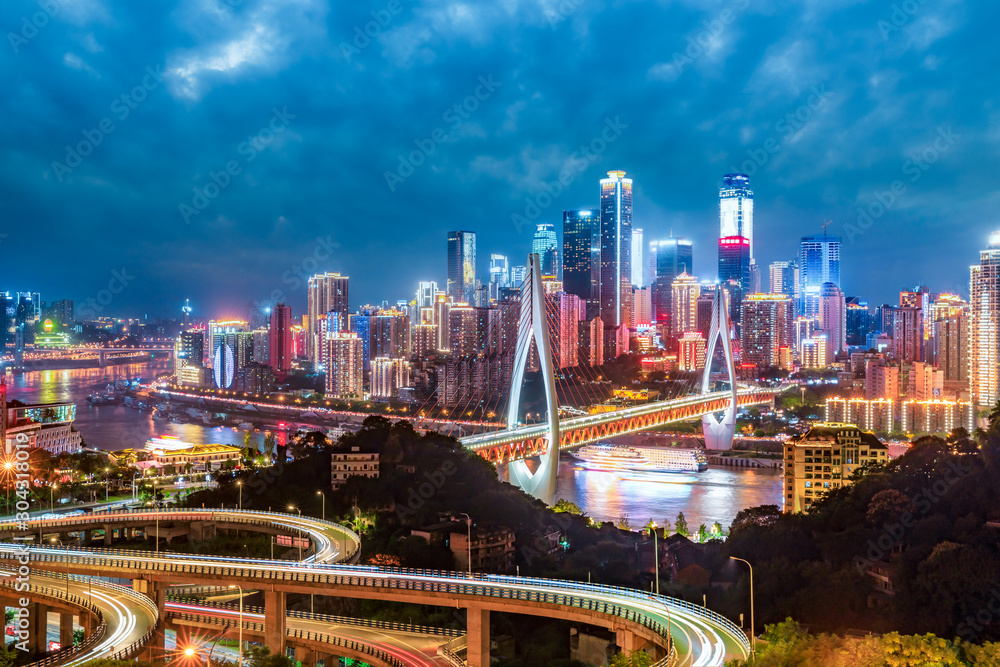 Naklejka premium Night city architecture landscape and colorful lights in Chongqing
