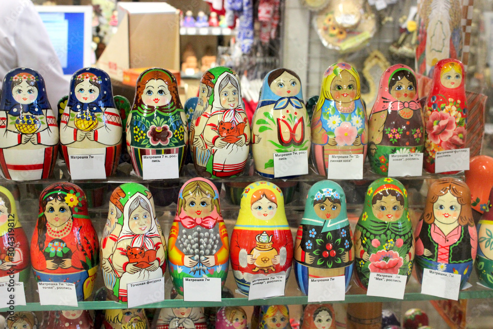Russian nesting dolls in a shop window. Matryoshka dolls.