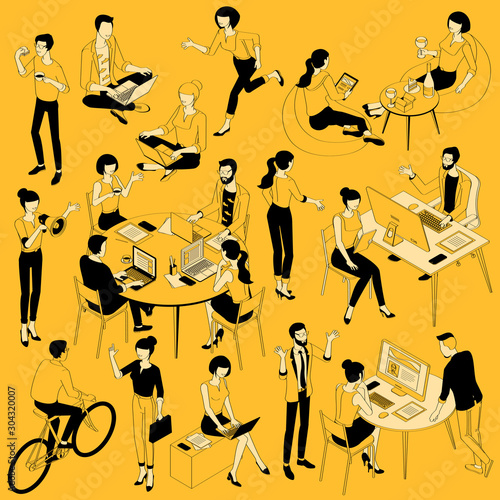 Young man and woman poses and activities flat design isometric vector ready to animation character set. Flat design poses and activities, busines, work and recreation collection.