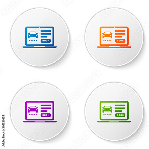 Color Online car sharing icon isolated on white background. Online rental car service. Online booking design concept for laptop. Set icons in circle buttons. Vector Illustration