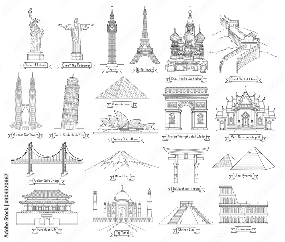 Travel doodle art drawing style vector illustrations. Famous landmarks in the world.
