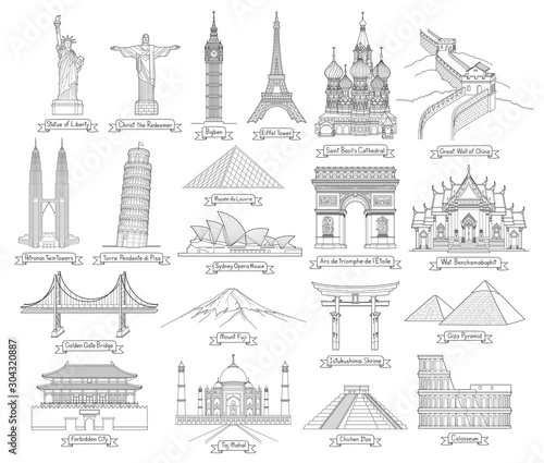 Travel doodle art drawing style vector illustrations. Famous landmarks in the world. photo