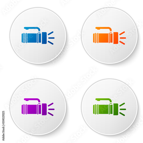 Color Flashlight icon isolated on white background. Tourist flashlight handle. Set icons in circle buttons. Vector Illustration