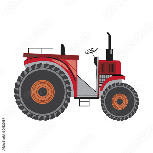 A red farm tractor isolated on white background for design, a vector stock illustration as agriculture or eco friendly production concept