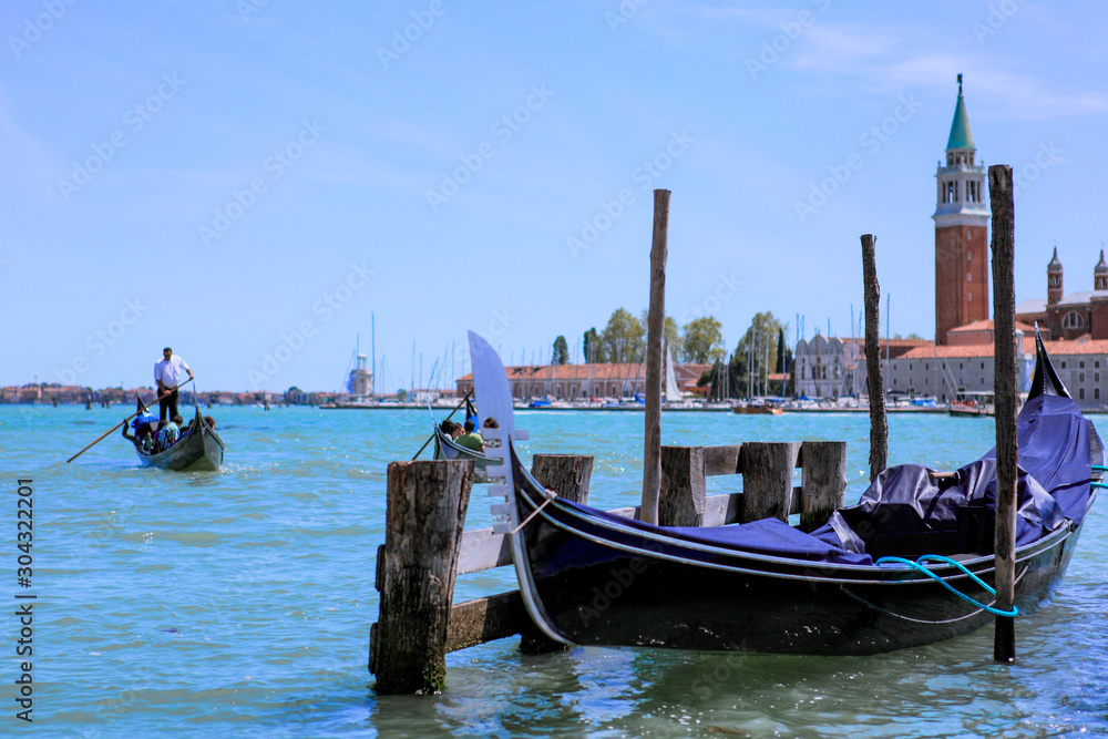 Famous View to the Blue Gondola in Venice, Italy