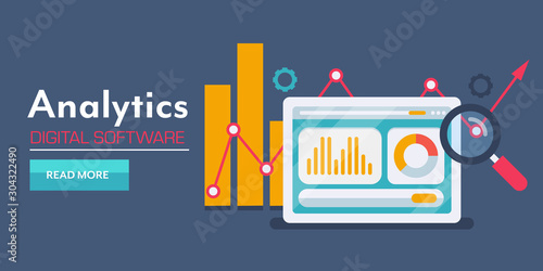 Analytic web banner template, data, research, statistic, evaluate, calculation, measure, marketing web page.