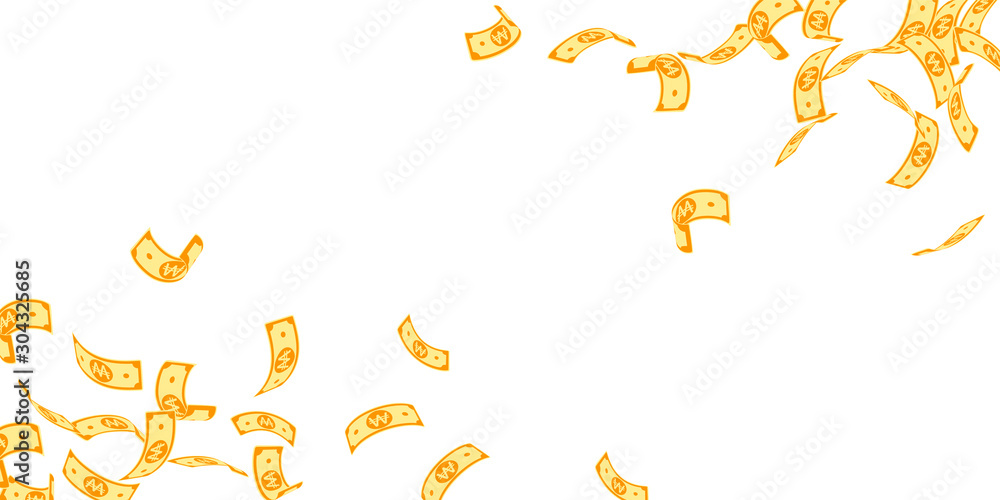 Korean won notes falling. Floating WON bills on wh Korean won notes falling. Floating WON bills on wh