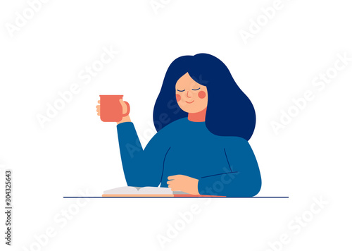 Young woman goes through her datebook in the morning and plans her day. Happy girl drinks coffee and reads book. Vector character