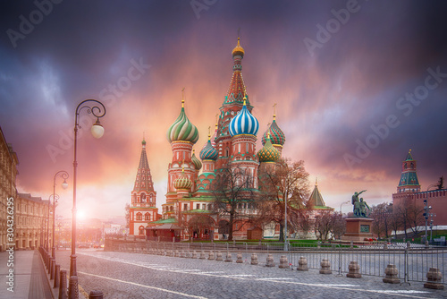 The Cathedral of Vasily the Blessed known as Saint Basil's Cathedral, is a Russian Orthodox church in Red Square in Moscow, Russia. Beautiful sunrise in a cold morning with amazing sky.