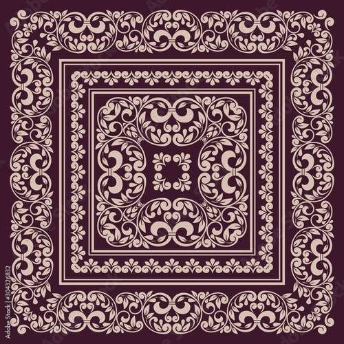Vector square frame template. Bandana with vintage ornament