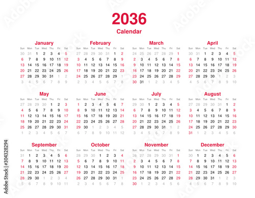 Calendar 2036 - 12 months yearly calendar in year 2036 - calendar template - planner calendar
