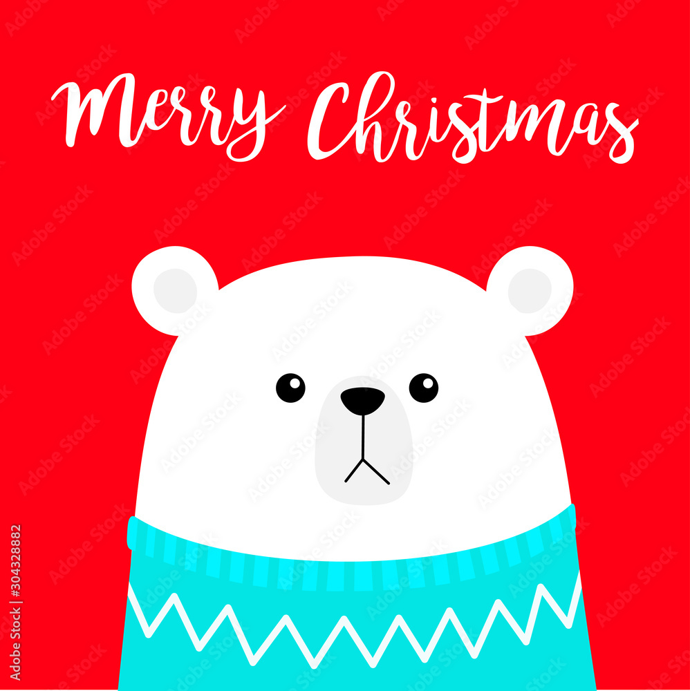 Merry Christmas. Polar white bear cub head face wearing blue
