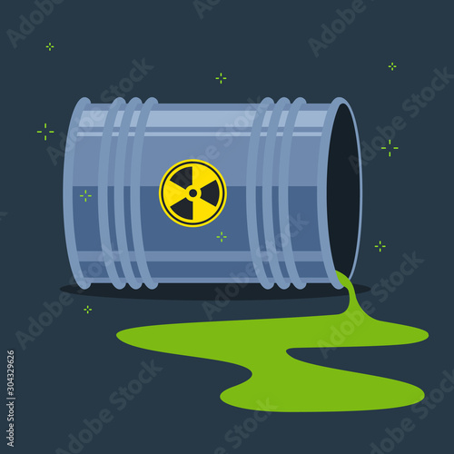 Radioactive substance spilled on the floor from a fallen barrel. flat vector illustration