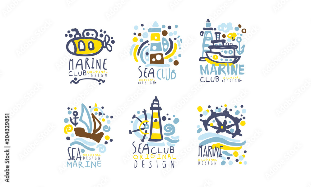 Hand Drawn Marine Labels and Logos Original Design Vector Set Hand Drawn Marine Labels and Logos Original Design Vector Set