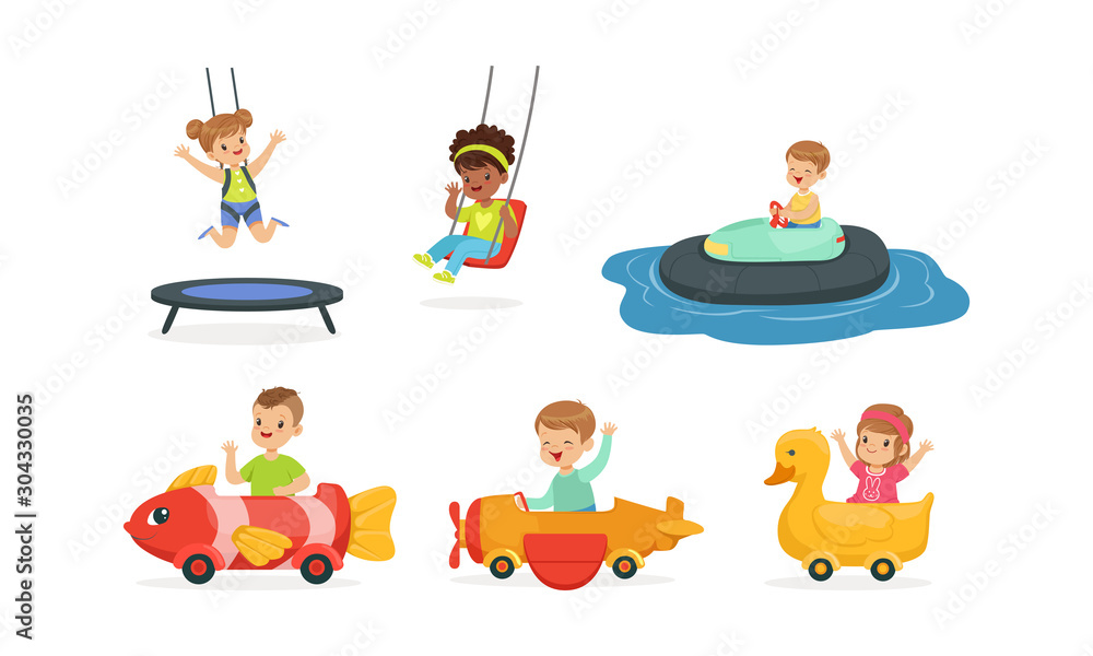 Kids Having Fun in Entertainment Park Vector Set Kids Having Fun in Entertainment Park Vector Set