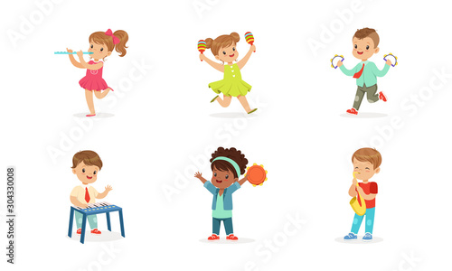 Little Kids Smiling and Playing Musical Instruments Vector Illustrations Set