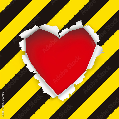   Love under construction, failed relationship concept.  Illustration of a hole in paper in the shape of heart with undre construction sign. Vector available.