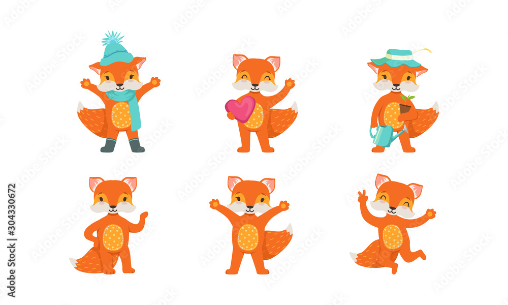 Fototapeta premium Cute Fox Cartoon Character Vector Set. Forest Creature Holding Heart