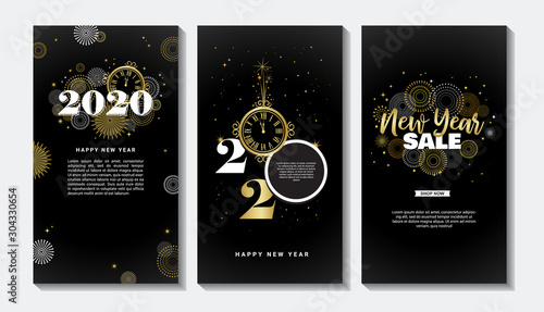Happy New Year- 2020 . Collection of greeting background designs, New Year, social media promotional content. Vector illustration