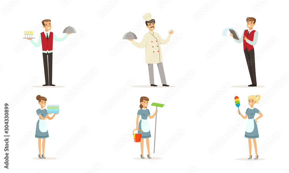 Hotel Staff Vector Set. Man Working as Waiter and Administrator