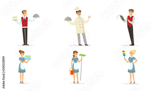 Hotel Staff Vector Set. Man Working as Waiter and Administrator