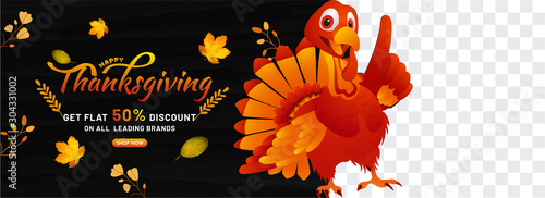 Thanksgiving banner,poster vector illustration of turkey birth with thanksgiving calligraphy text on 50% discount on all leading brands . Png background.