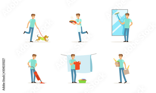 Handsome Young Man Occupied with Household Vector Illustrations