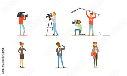 People Characters Shooting News and Journalists Doing Reportages Vector Set