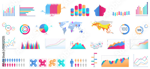 Bundle of charts, diagrams, schemes, graphs, plots of various types. Statistical data and financial information visualization. Modern vector illustration for business presentation, demographic report.