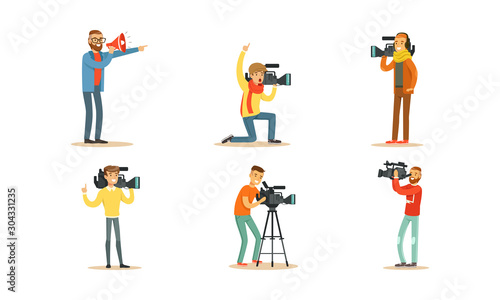People Characters Shooting News and Journalists Doing Reportages Vector Set