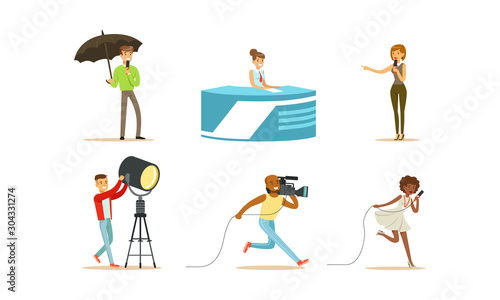 People Characters Shooting News and Journalists Doing Reportages Vector Set