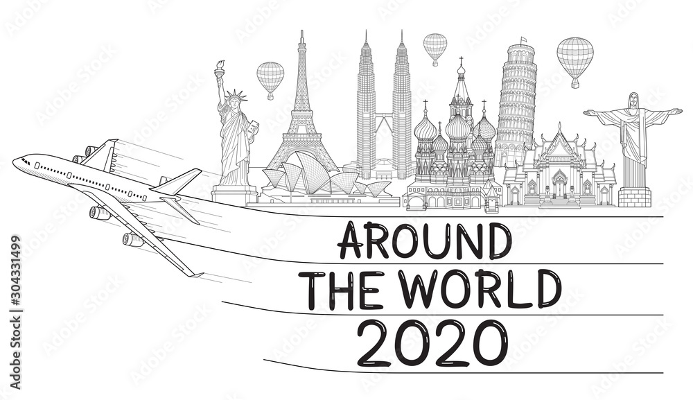 Around the world with airplane travel landmark. Travel 2020 doodle art drawing style vector illustrations.