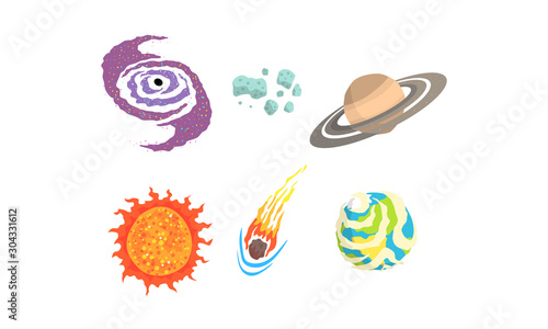 Space Asteroids and Meteorite Vector Set. Space Comets and Planets Collection